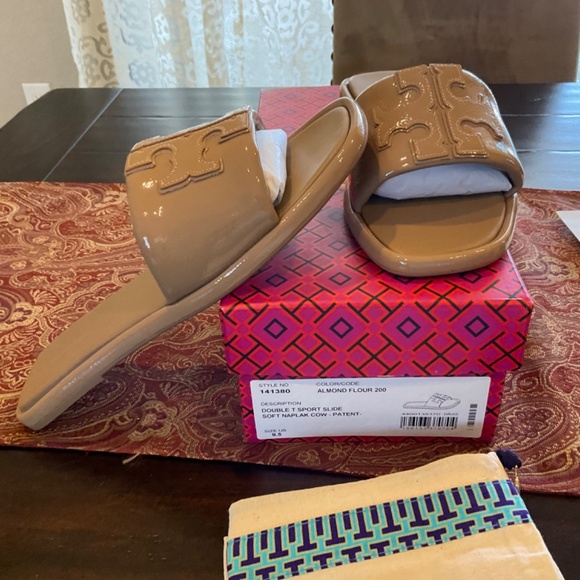 TORY BURCH DOUBLE T SPORT SLIDE SANDAL , almond flour ,SZ 9.5, worn once - Picture 2 of 6